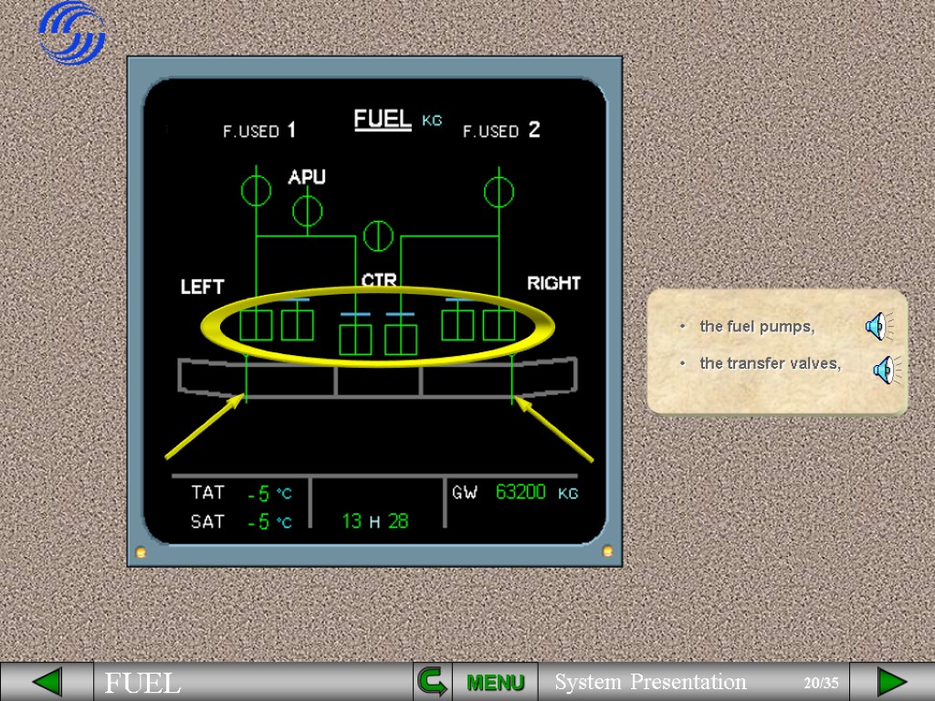 MENU the fuel pumps, the transfer valves,